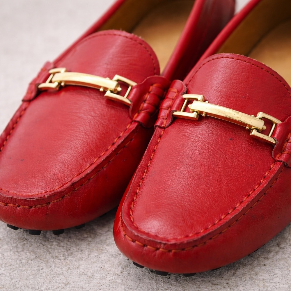 Ausland Red Driving Loafers Size 39 (US 8.5) Moccasin Flats Gold Bit Slip On - Picture 5 of 11